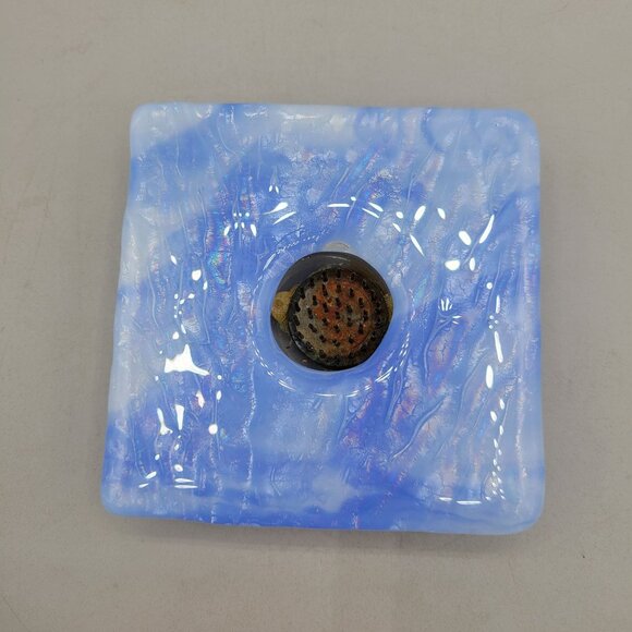 Ikebana Vase Fused Art Glass Pin Frog Holder Square Shape Blue White - Picture 5 of 6